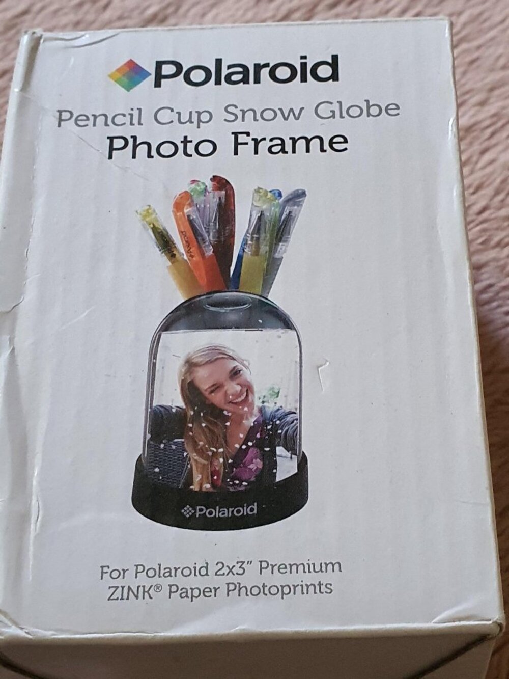 Polaroid Pencil Cup Snow Globe Pen Photo Frame, Silver Glitter Snow